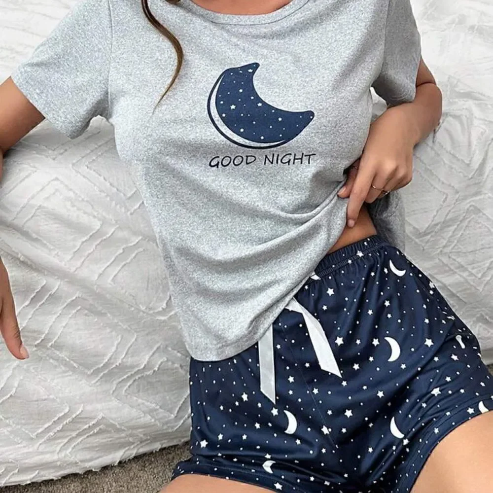 Moon Print Two Piece Soft Pajama Set